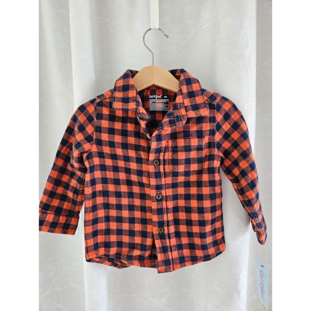 NWT Cat & Jack Orange & Navy Buffalo Plaid Flannel Shirt – 18M